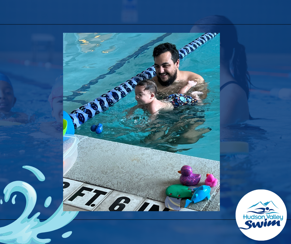 a young boy swimming in a pool with his swim teacher