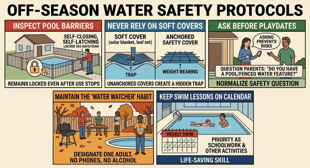 chart showing parents how to keep kids safe from drowning all year long