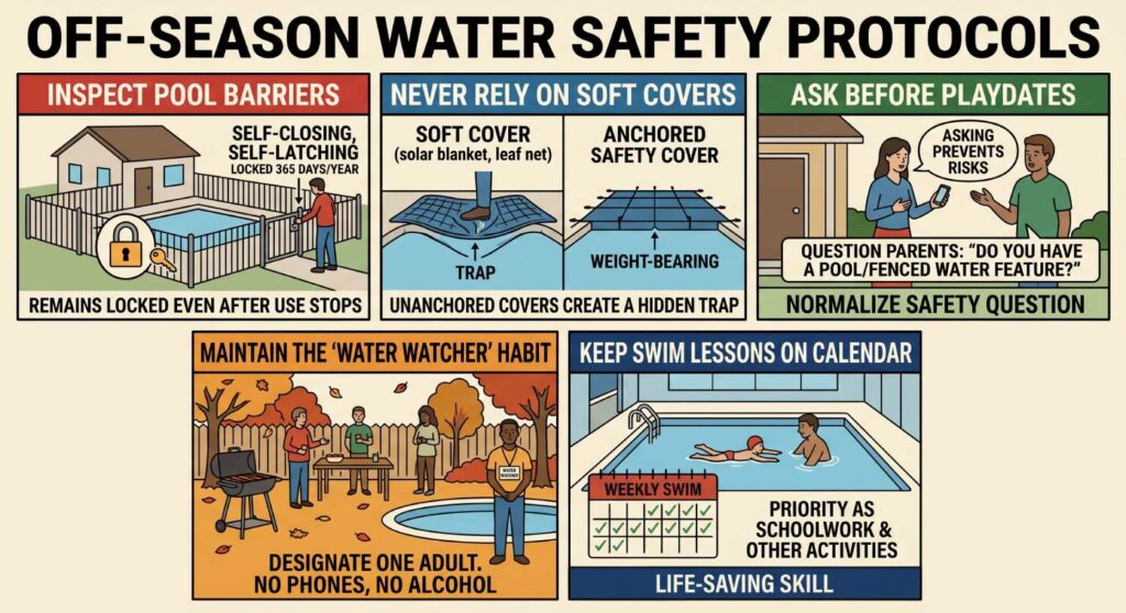 Inspect Your Pool Barriers: If you own a pool, ensure your four-sided isolation fence with a self-closing, self-latching gate remains locked 365 days a year, even after you stop using the pool for the season.

Never Rely on Soft Covers Alone: Solar blankets and thin leaf nets are not safety covers. In fact, an unanchored solar cover creates a hidden trap if a child falls on top of it, wrapping around them in the water. Use a rigid, weight-bearing safety cover anchored to the deck.

Ask the Right Questions Before Playdates: Don't hesitate to ask host parents: "Do you have a pool or water feature in the yard, and is it fenced off?" Making this a standard question normalizes safety for everyone.

Maintain the "Water Watcher" Habit: If you host a fall gathering, barbecue, or tailgate where an open pool or pond is nearby, designate an adult "Water Watcher" whose sole job is to keep eyes on the water without distractions like phones or alcohol.

Keep Swim Lessons on the Calendar: Treat weekly indoor swim lessons with the same priority as schoolwork, soccer, or piano practice. It is one of the very few extracurricular activities that doubles as a permanent, life-saving skill.